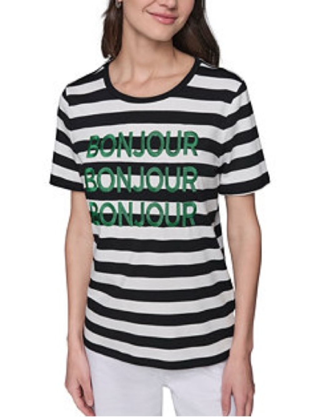 Karl Lagerfeld Black & White Striped Tee with Green BONJOUR Print